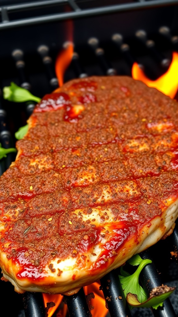 Savory Steak Dry Rub Recipe Grilled steak with a savory dry rub, sizzling on the grill, surrounded by fresh herbs and spices.